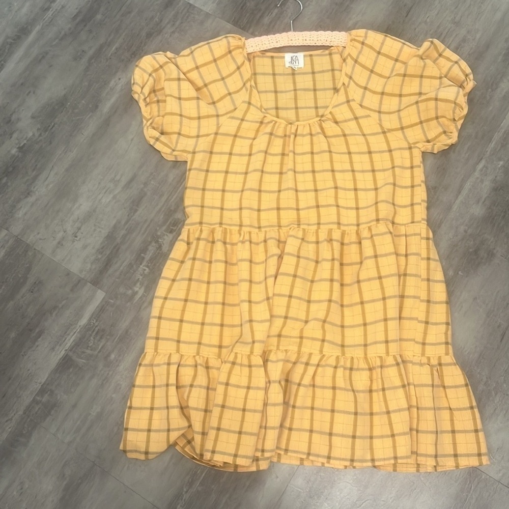 Anthropologie DRA Yellow and Gray Plaid Puff Short Sleeve Mini Dress Size - Picture 3 of 9